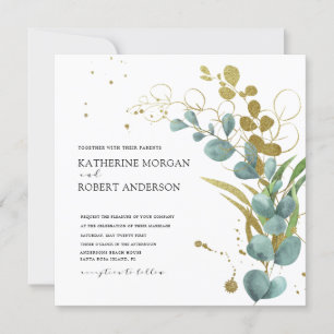 elegant guld eucalyptus lövs bröllopsinbjudan inbjudningar