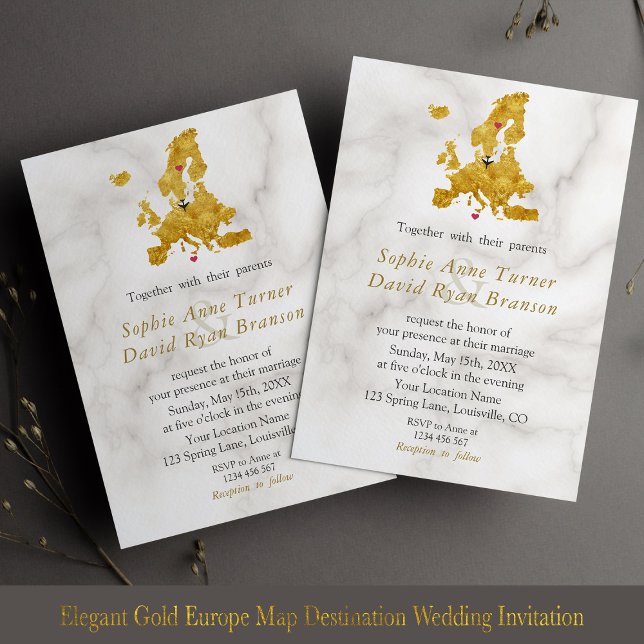 Elegant Guld Europa Karta Destinationsbröllop Inbjudningar (Skapare uppladdad)