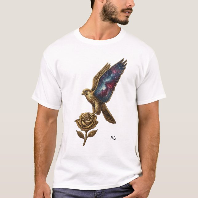 Elegant Guld Fågel och Ros Konst T-Shirt (Framsida)
