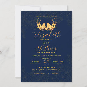Elegant Guld Fåglar Blommigt Navy Blue Bröllop Inbjudningar