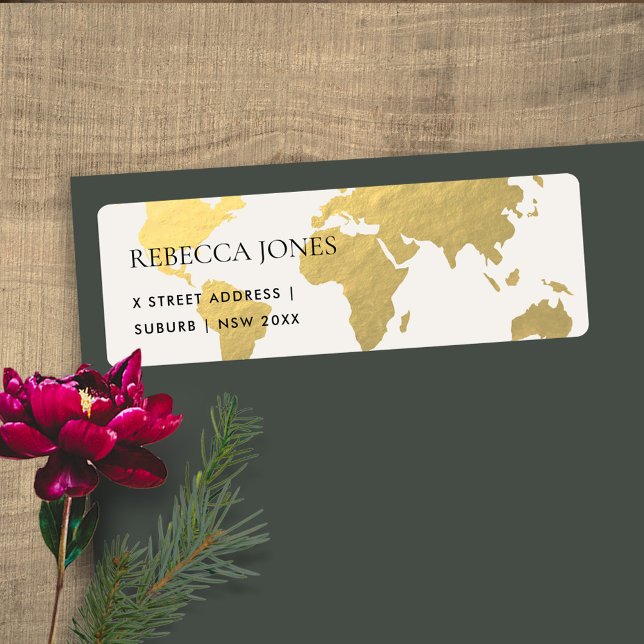 ELEGANT GULD FAUX KRAFT WORLD MAP ADRESS RETURADRESS ETIKETT (Skapare uppladdad)