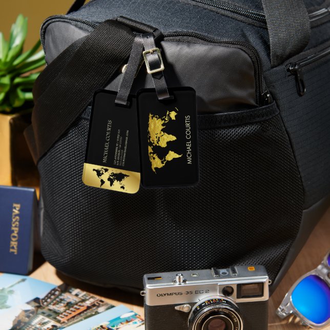 Elegant Guld Faux Travel World Map Personlig Bagagebricka (Fram & Baksida)