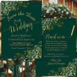 Elegant Guld Filigree Finare Emerald Grönt Bröllop Spara Datumet<br><div class="desc">De här vackra datumkorten kommer att ge dina vänner och din familj information om ditt kommande bröllop. De har en grönt och guld-design för eleganten som framträder och med ornerade kyler i hörnen och finare-skriptkalligrafi som läser Spara datum med namn av paret, datum och plats för bröllop. På baksidan finns...</div>
