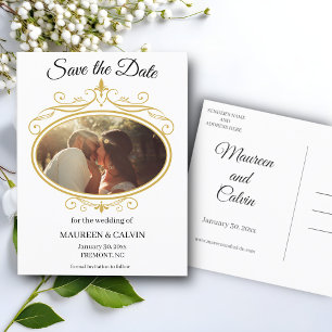 Elegant Guld Filigree on White, Spara datum Vykort