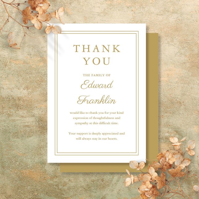 Elegant guld firande av livets slutskede tack kort (Elegant Gold Celebration Of Life Funeral Thank You Card)