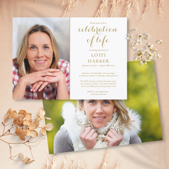 Elegant Guld Firande i Life Funeral 2 Photo Inbjudningar (Elegant Gold Celebration of Life Funeral 2 Photo Invitation)