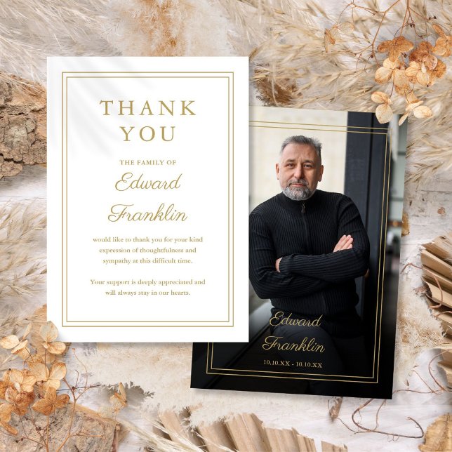 Elegant Guld Firande i livets begravningsfoto Tack Kort (Elegant Gold Celebration Of Life Funeral Photo Thank You Card)