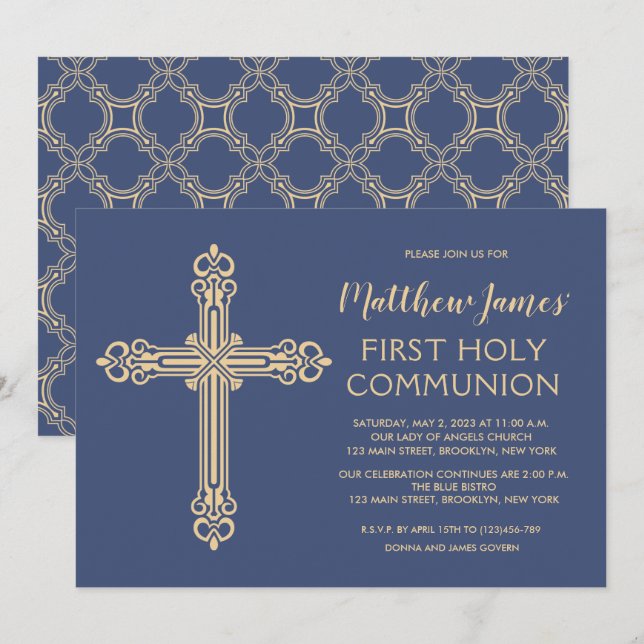 Elegant Guld First Communion bjudits in för pojkar Inbjudningar (Fram/baksida)
