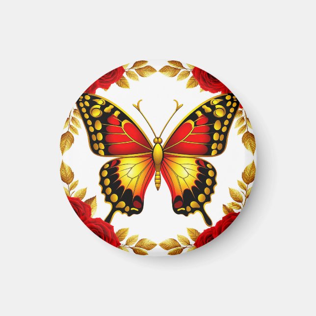 Elegant Guld Fjäril Ros Lyxig Blommig Design Magnet (Framsidan)