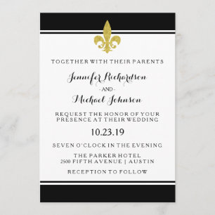 Elegant Guld Fleur de Lis Black and White Bröllop Inbjudningar