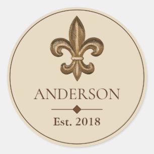 Elegant Guld Fleur de Lis & Family Namn Runt Klistermärke