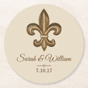 Elegant Guld Fleur de Lis & Taupe  Personlig Underlägg Papper Rund