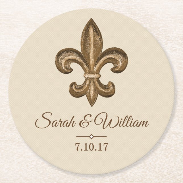 Elegant Guld Fleur de Lis & Taupe| Personlig Underlägg Papper Rund (Framsidan)