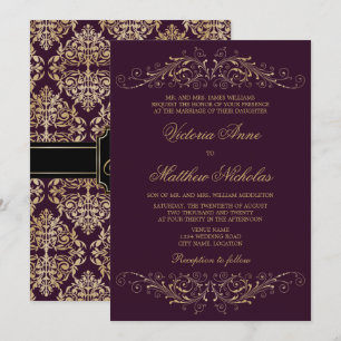 Elegant Guld Flourish Damask Eggplant Inbjudningar