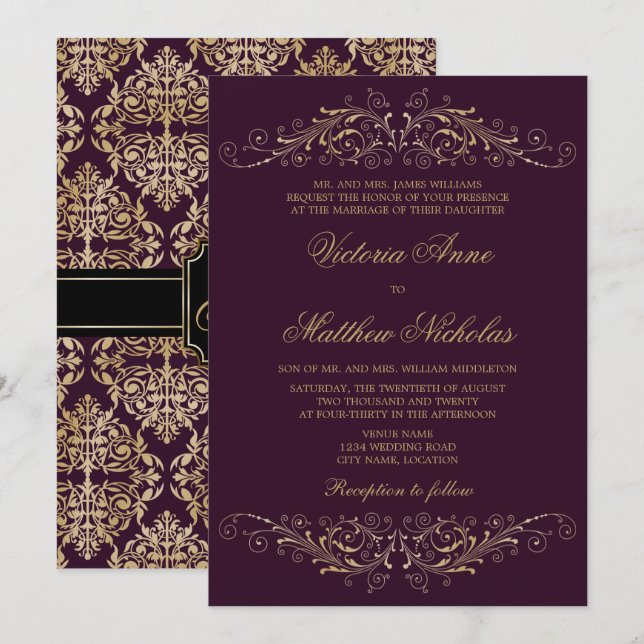 Elegant Guld Flourish Damask Eggplant Inbjudningar (Fram/baksida)
