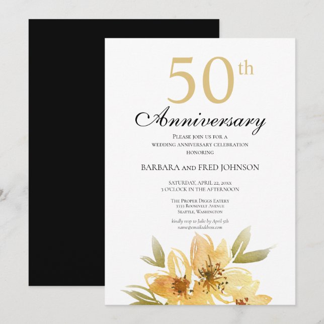 Elegant Guld Flower 50-årsdagen Party Inbjudningar (Fram/baksida)
