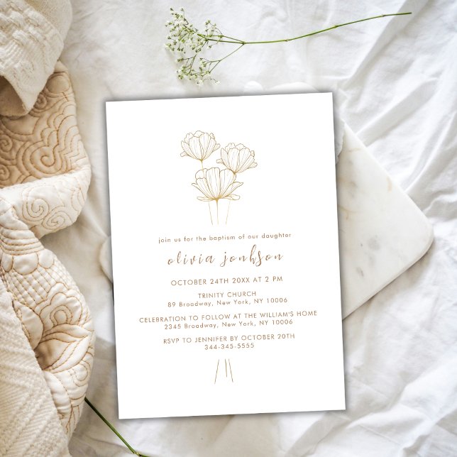Elegant Guld Flower Christening Girl Baptism Inbjudningar (Elegant Gold Flower Christening Girl Baptism Invitation)