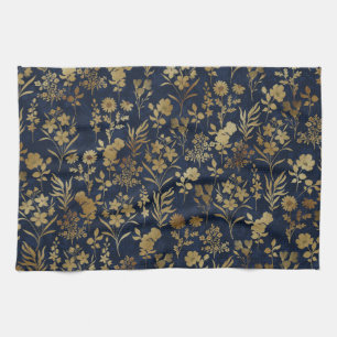 Elegant Guld Flowers Blue Botanical Kökshandduk