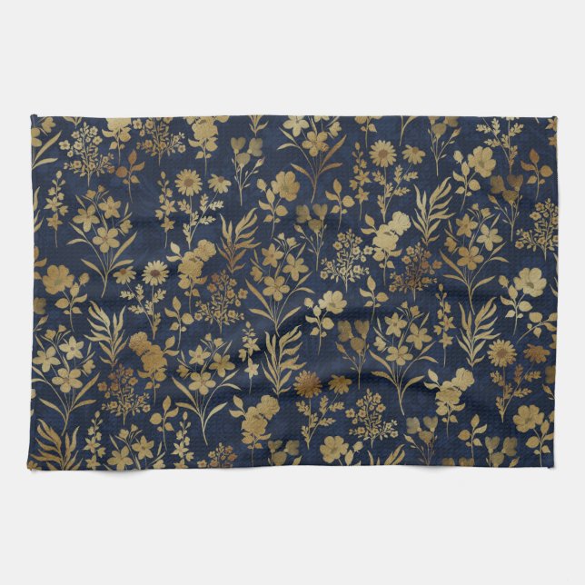 Elegant Guld Flowers Blue Botanical Kökshandduk (Horisontell)