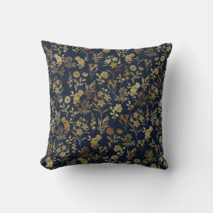 Elegant Guld Flowers Blue Botanical Kudde