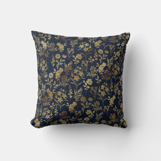 Elegant Guld Flowers Blue Botanical Kudde (Framsida)