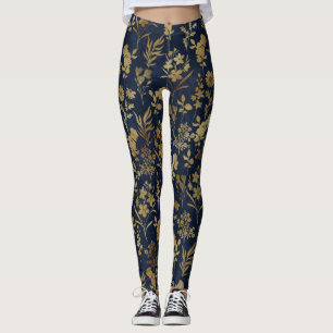 Elegant Guld Flowers Blue Botanical Leggings