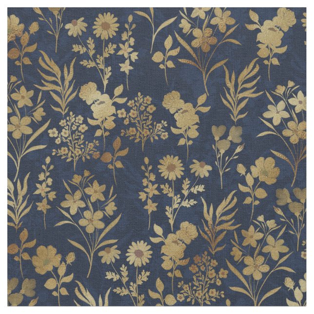 Elegant Guld Flowers Blue Botanical Tyg (Närbild)