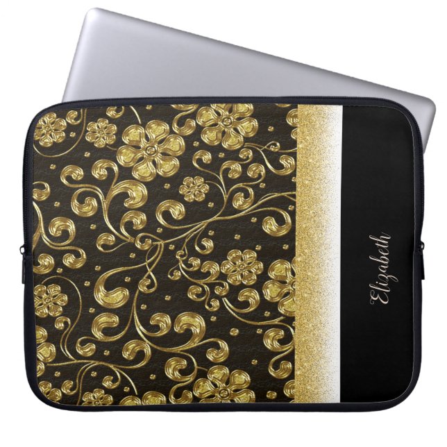 Elegant Guld Flowers,Glitter,Svart Personlig Laptop Fodral (Framsidan)