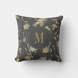 Elegant Guld Flowers Grått Blommigt Monogram Kudde