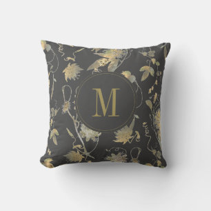 Elegant Guld Flowers Grått Blommigt Monogram Kudde