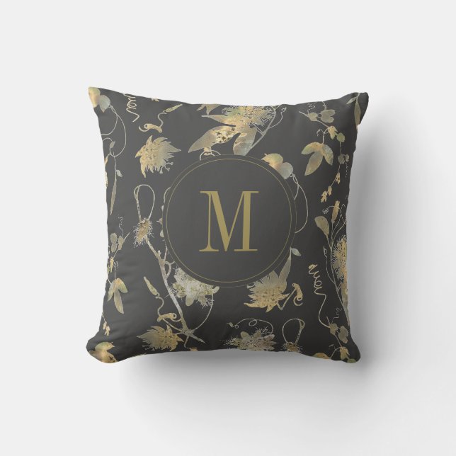 Elegant Guld Flowers Grått Blommigt Monogram Kudde (Framsida)