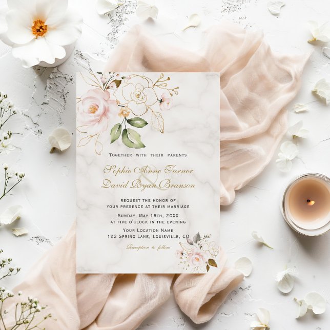 Elegant  Guld Flowers Monogram Bröllop Inbjudningar (Skapare uppladdad)