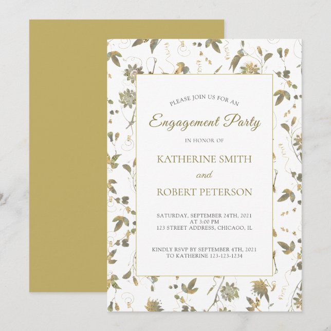 Elegant Guld Flowers Vine Förlovning Inbjudningar (Fram/baksida)