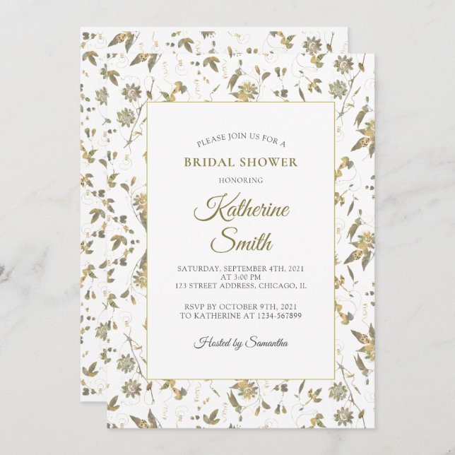 Elegant Guld Flowers Vine Möhippa Inbjudningar (Fram/baksida)