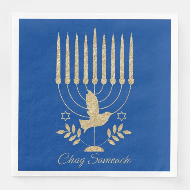 Elegant Guld, flygande Dove Menorah Blue Hanukkah Pappersservett (Framsida)
