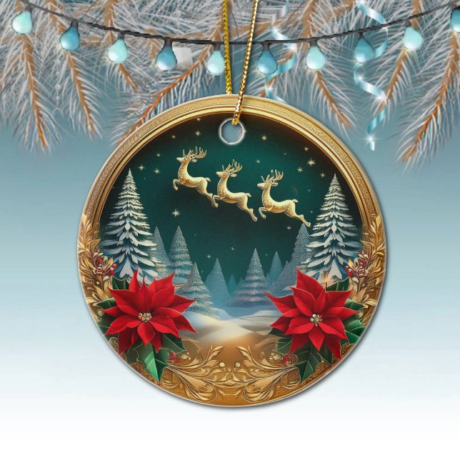 Elegant Guld Flygrenar, Poinsettias, Hjort 🦌 Julgransprydnad Keramik (Golden Flying Reindeer, Deer Antlers, Trees, Moon, Snowy Night Winter Scene Ornament Front/Back 🦌🎄)