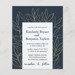 Elegant Guld Foliage. Dusty Blue Luxury Bröllop in Flygblad