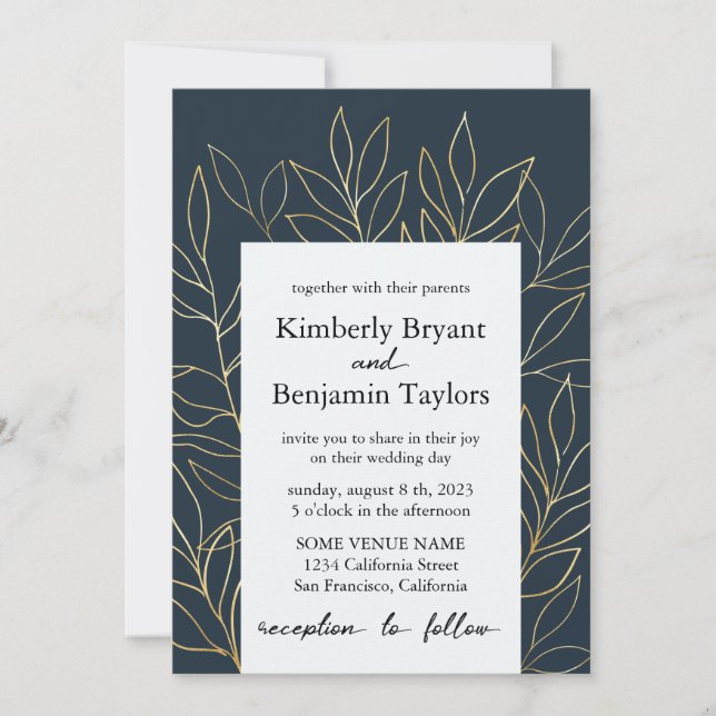 Elegant Guld Foliage. Dusty Blue Luxury Bröllop Inbjudningar (Framsida)