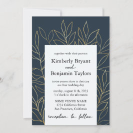 Elegant Guld Foliage. Dusty Blue Luxury Bröllop Inbjudningar