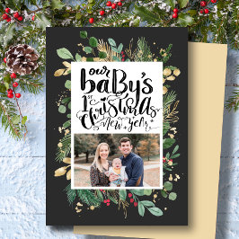 Elegant Guld Foliage Greenery Baby Första jul Julkort