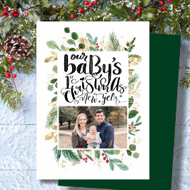 Elegant Guld Foliage Greenery Baby Första jul Julkort