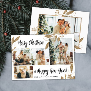 Elegant Guld Foliage Photo Collage julkort