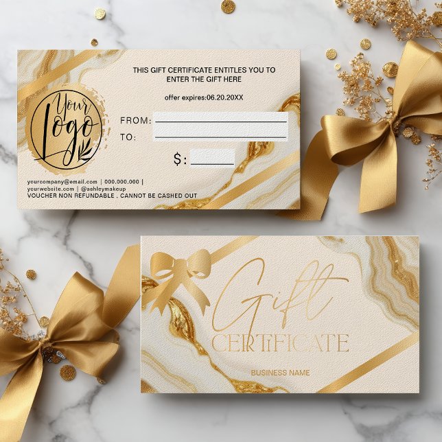 Elegant guld folie band marmar logotyp presentkort (Chic gold foil ribbon marble logo gift certificate)