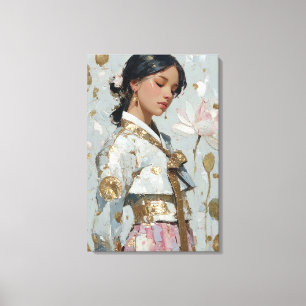 Elegant guld folie Hanbok porträtt och Lotus Canva Canvastryck