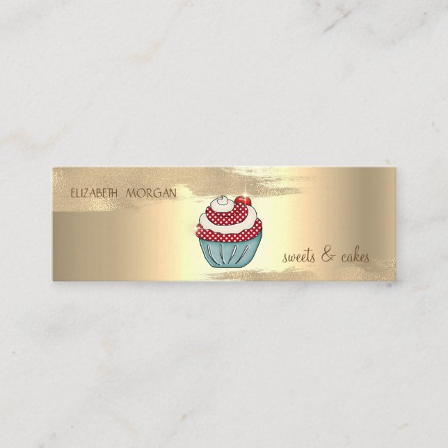 Elegant guld folie penseldrag Cupcake Körsbär Mini Visitkort (Framsida)