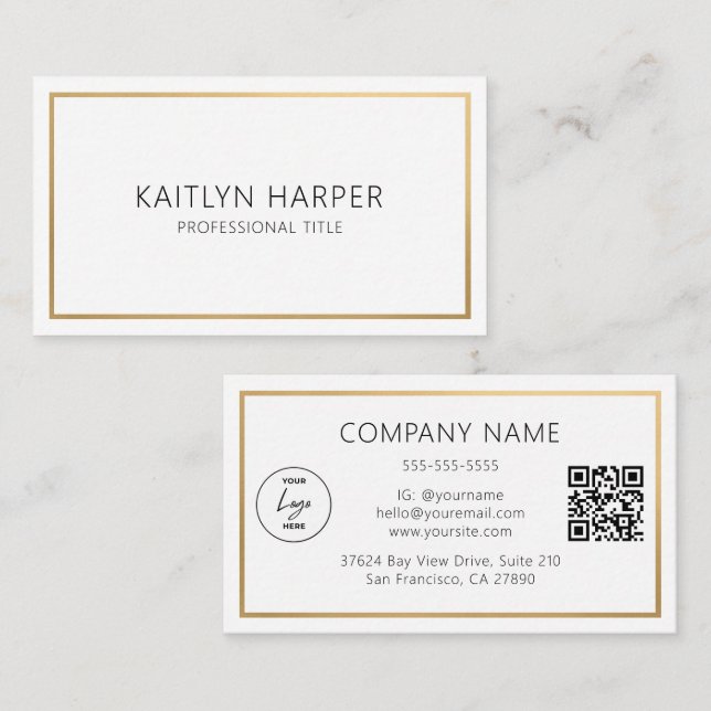 Elegant guld folie ram Minimal logotyp QR-kod Visitkort (Fram/baksida)