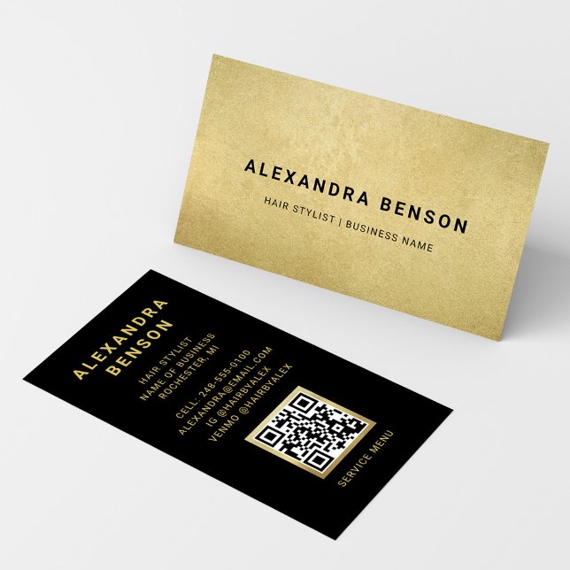 Elegant guld folie svart frisör QR-kod Visitkort (Skapare uppladdad)