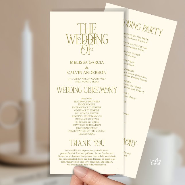 Elegant guld folie typografi bröllopsprogram program (Elegant Yellow Gold Typography Modern Romantic Wedding Program Card)