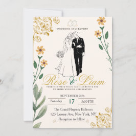 Elegant guld folie vintage blom- bröllop inbjudningar