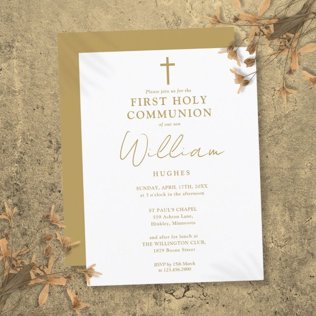 Elegant Guld, första Heligans inbjudan till kommis (Elegant Gold First Holy Communion Invitation Postcard)